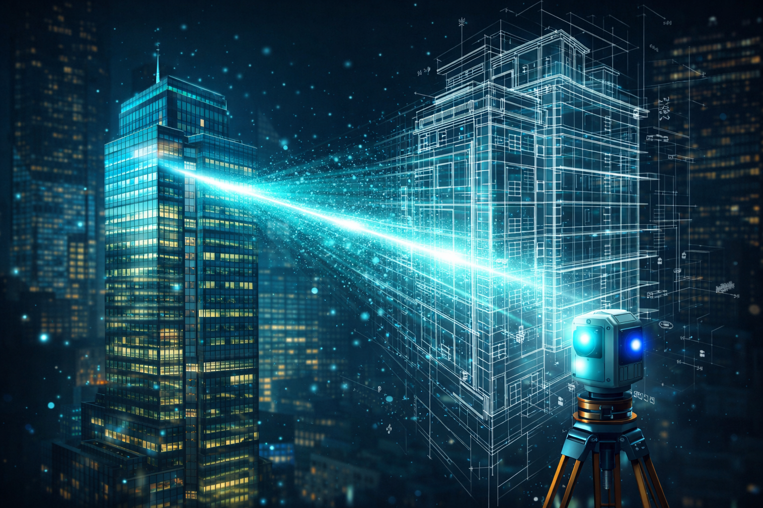 LiDAR scanner transforming a building into a wireframe drawing